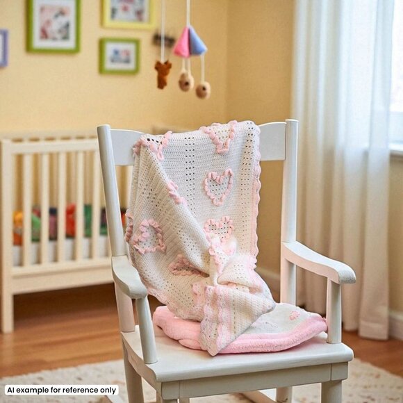 Vintage Handmade Baby Blanket for Girls White Pink Hearts Nursery Knit Throw - Picture 3 of 8